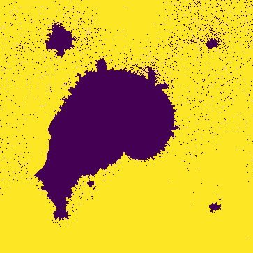 ![An image of the first fractal I generated. It looks like a black blob in the middle of a yellow background.](assets/fractal1_.png "Way cooler than I expected")