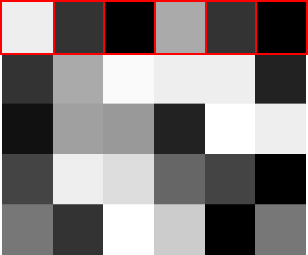 ![A grid of squares representing values stored in memory](assets/memory-matrix.png "An example of a \(5 \times 6\) memory matrix. A row (highlighted in red) represents a single item in memory, which can store arbitrary information.")